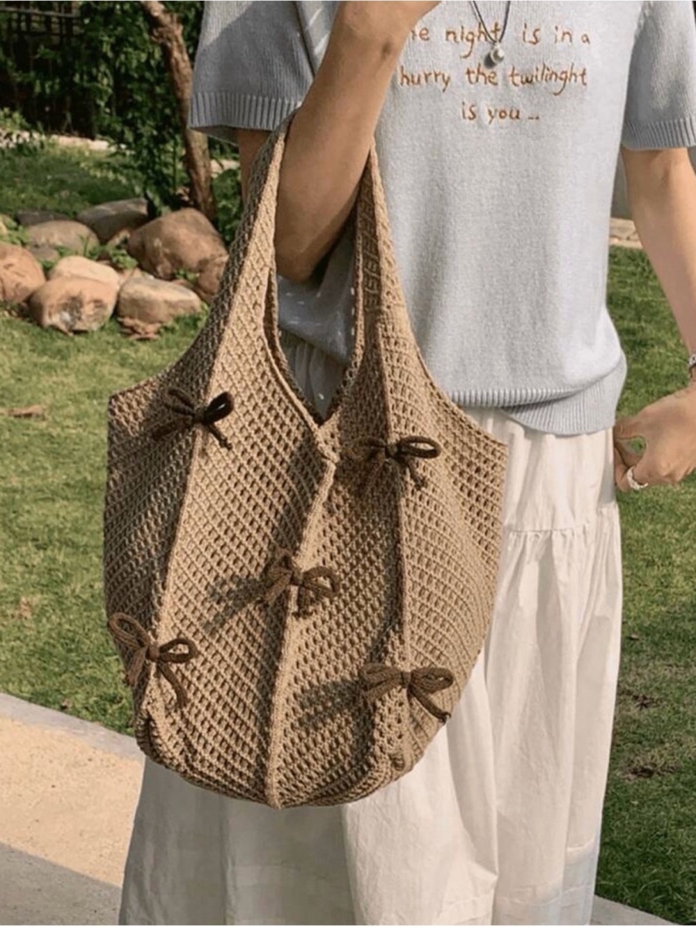 Free People Handwoven Beige Crochet Tote Bag with Bow Accents - Picture 4 of 6